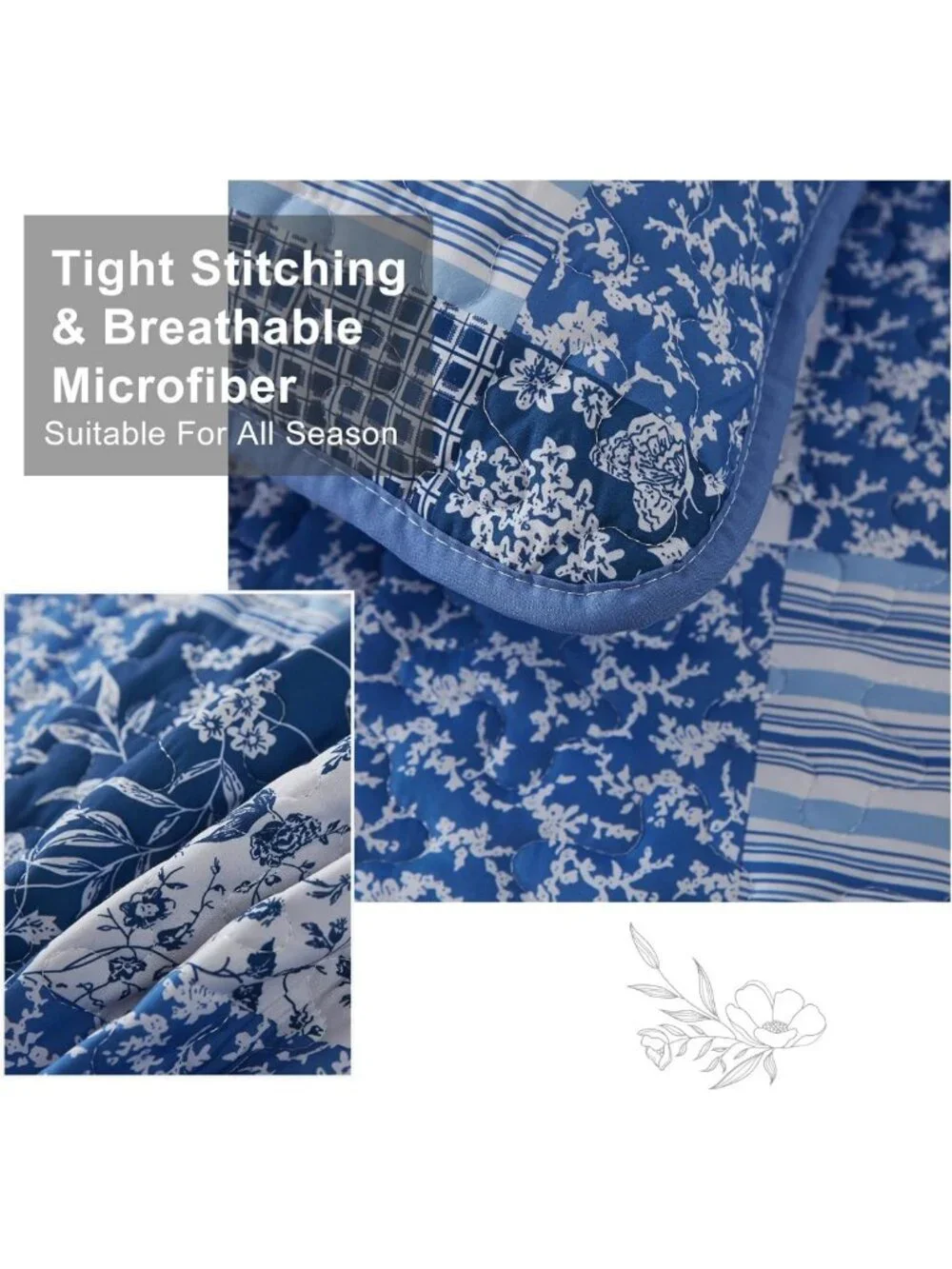 Blue Boho King Quilt Set - 3 Piece Plaid Floral Reversible Bedspread for All